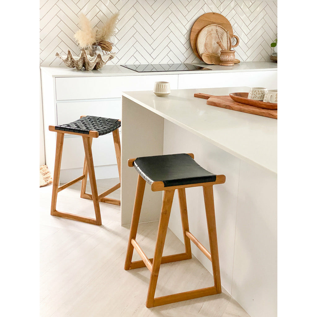 Black Leather Kitchen Stool Natural Teak Frame The Styling Republic