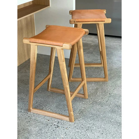 Tan Leather Kitchen Stool Natural Teak Frame The Styling Republic